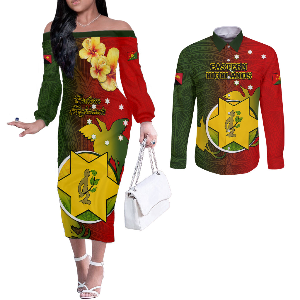 Papua New Guinea Eastern Highlands Province Couples Matching Off The Shoulder Long Sleeve Dress and Long Sleeve Button Shirts Mix Coat Of Arms Polynesian Pattern LT05 Red - Polynesian Pride