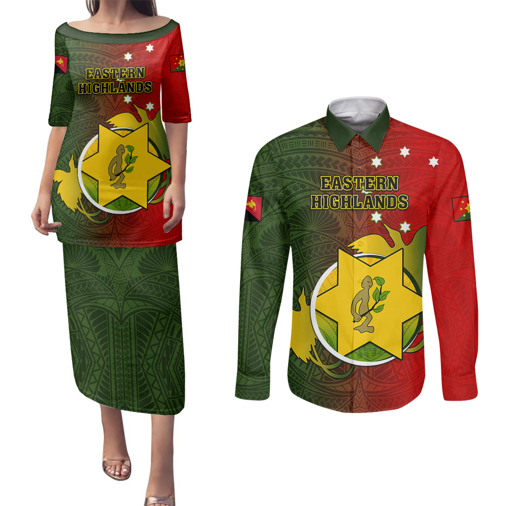 Papua New Guinea Eastern Highlands Province Couples Matching Puletasi Dress and Long Sleeve Button Shirts Mix Coat Of Arms Polynesian Pattern LT05 Red - Polynesian Pride