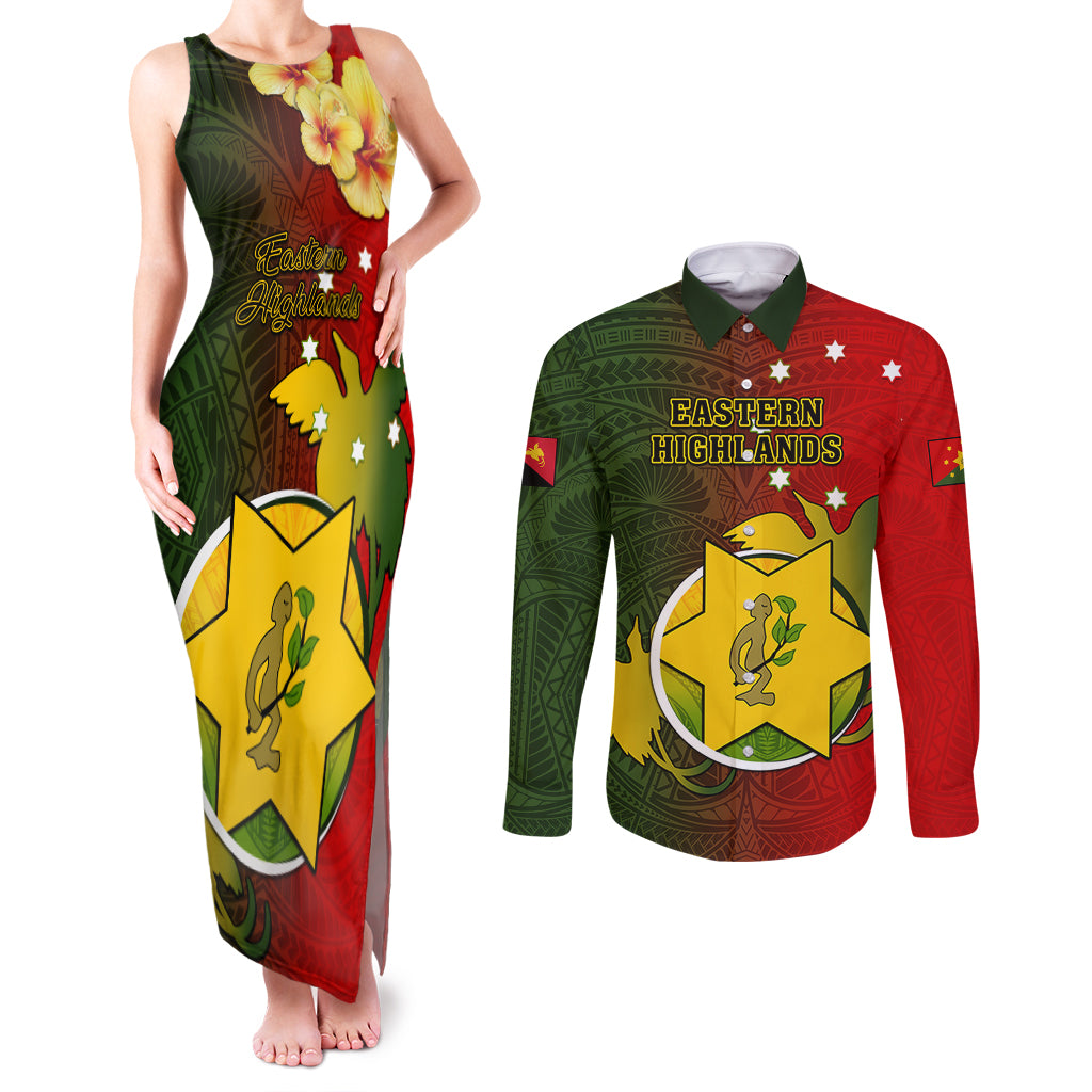 Papua New Guinea Eastern Highlands Province Couples Matching Tank Maxi Dress and Long Sleeve Button Shirts Mix Coat Of Arms Polynesian Pattern LT05 Red - Polynesian Pride