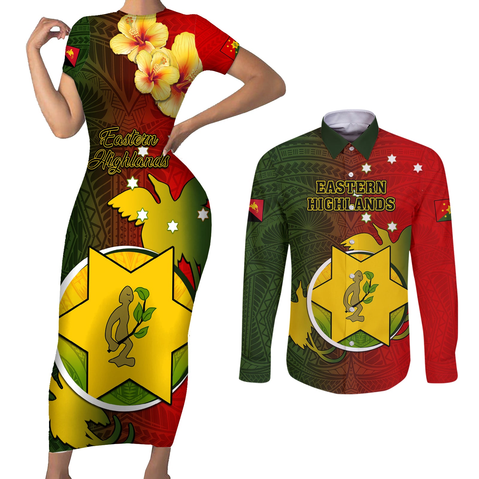 Personalized Papua New Guinea Eastern Highlands Province Couples Matching Short Sleeve Bodycon Dress and Long Sleeve Button Shirts Mix Coat Of Arms Polynesian Pattern LT05 Red - Polynesian Pride