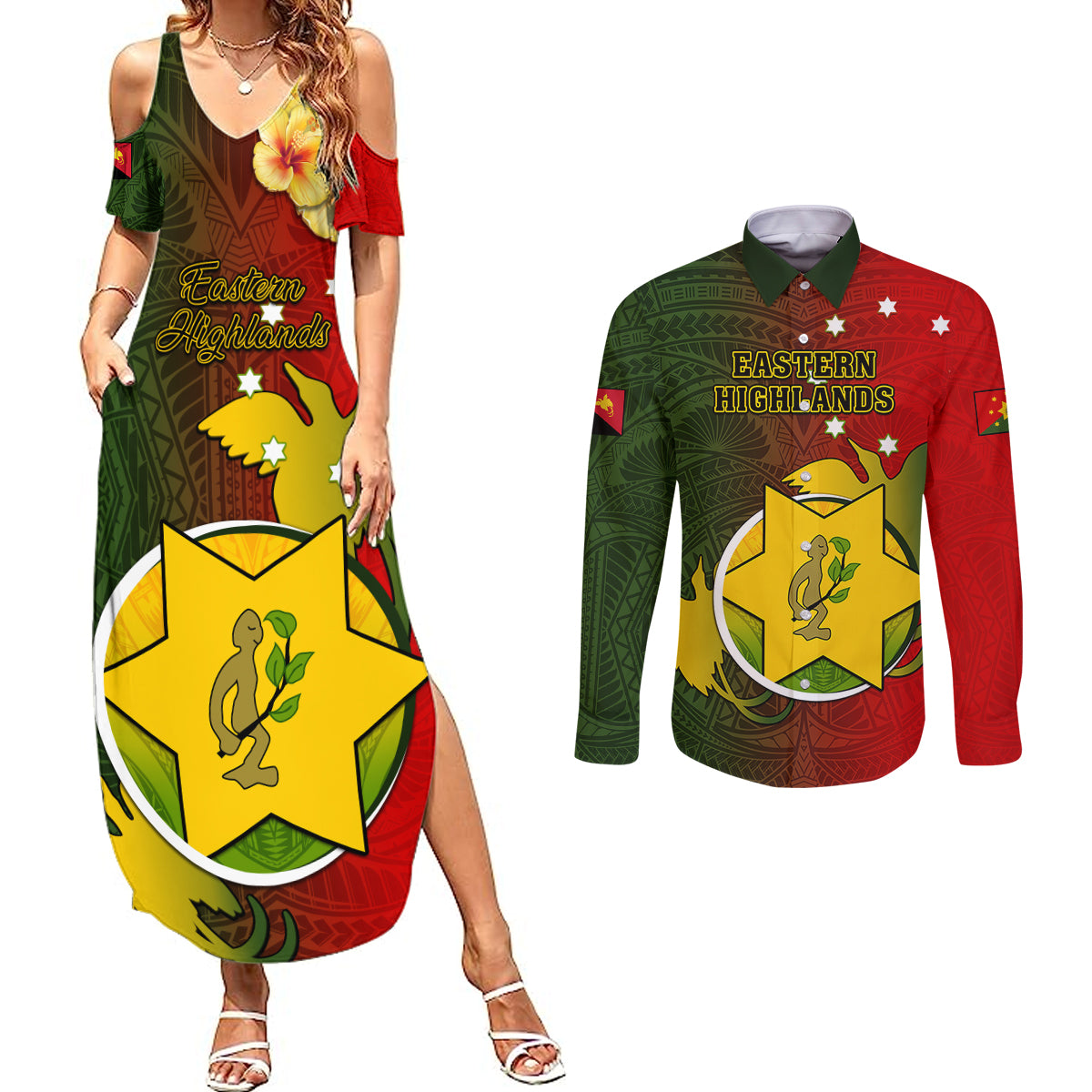 Personalized Papua New Guinea Eastern Highlands Province Couples Matching Summer Maxi Dress and Long Sleeve Button Shirts Mix Coat Of Arms Polynesian Pattern LT05 Red - Polynesian Pride