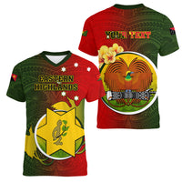 Personalized Papua New Guinea Eastern Highlands Province Women V Neck T Shirt Mix Coat Of Arms Polynesian Pattern LT05 - Polynesian Pride