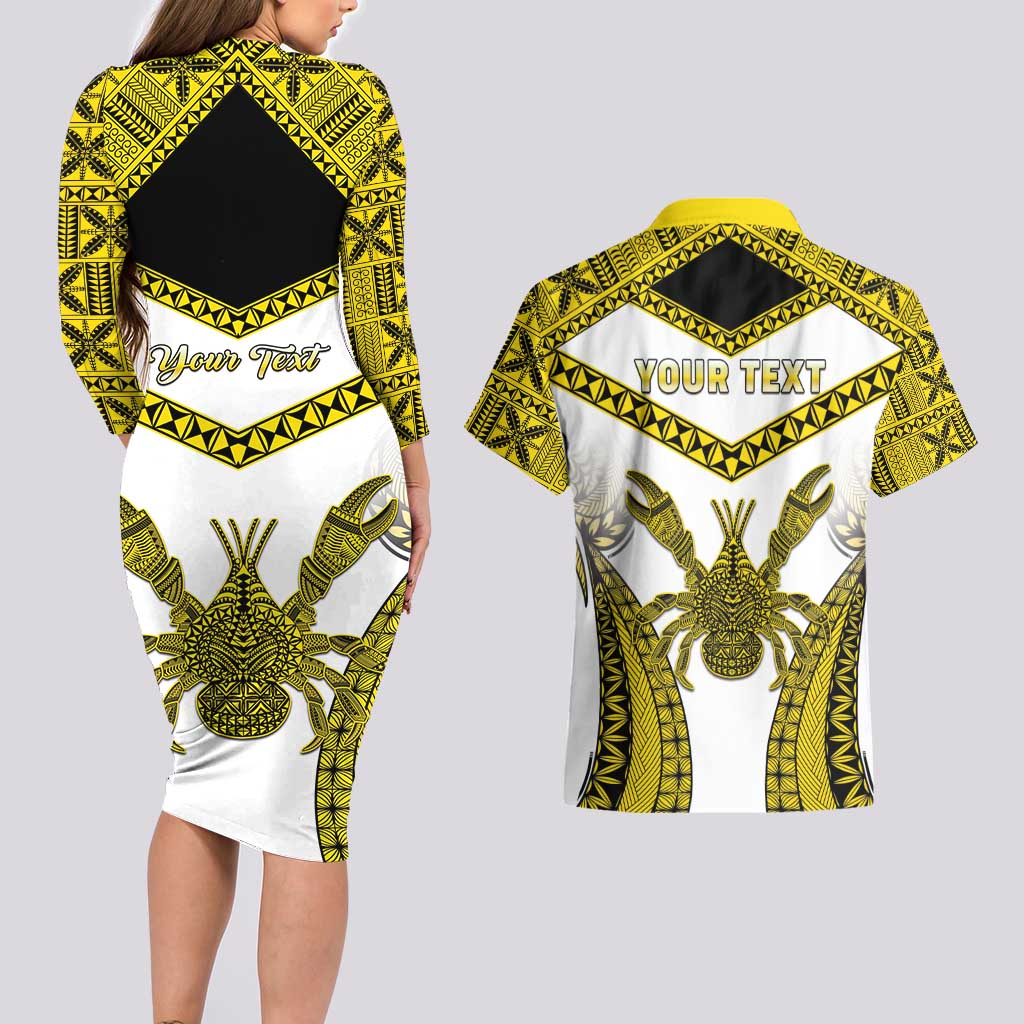 Personalised Niue The Rock Of Polynesia Couples Matching Long Sleeve Bodycon Dress and Hawaiian Shirt Peniamina Gospel Day Yellow Version
