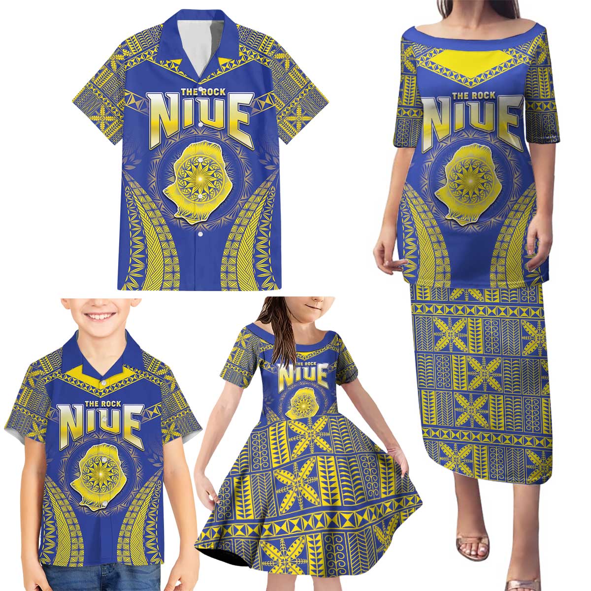 Personalised Niue The Rock Of Polynesia Family Matching Puletasi and Hawaiian Shirt Peniamina Gospel Day Blue Version