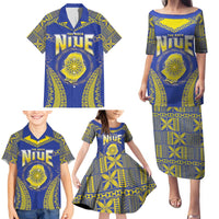Personalised Niue The Rock Of Polynesia Family Matching Puletasi and Hawaiian Shirt Peniamina Gospel Day Blue Version