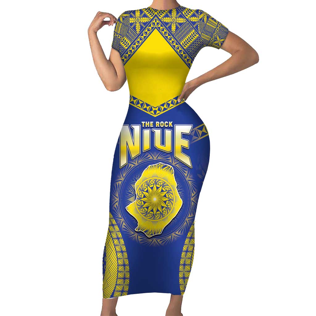 Personalised Niue The Rock Of Polynesia Family Matching Short Sleeve Bodycon Dress and Hawaiian Shirt Peniamina Gospel Day Blue Version