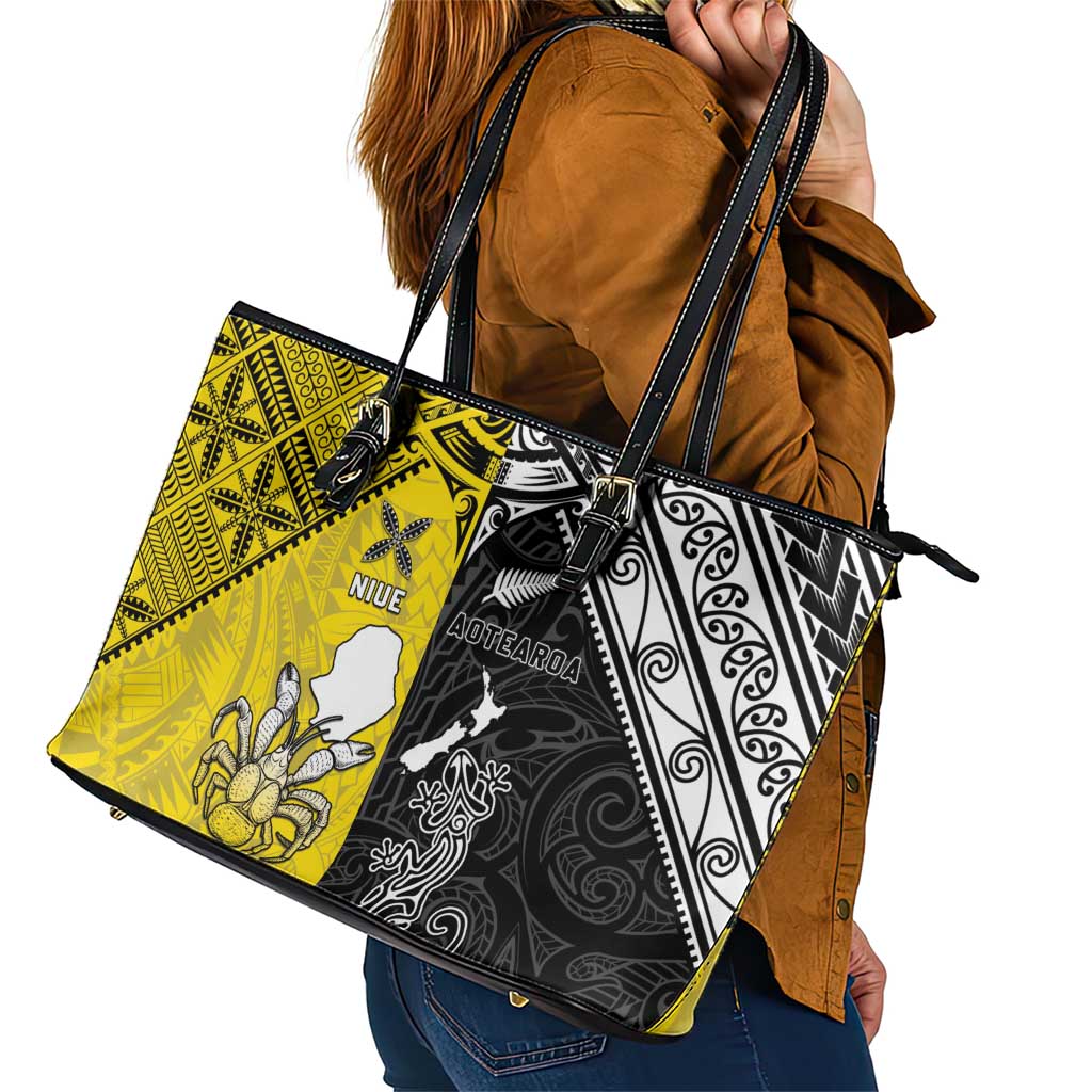 New Zealand Maori And Niue Hiapo Leather Tote Bag Lizard And Coconut Crab Together
