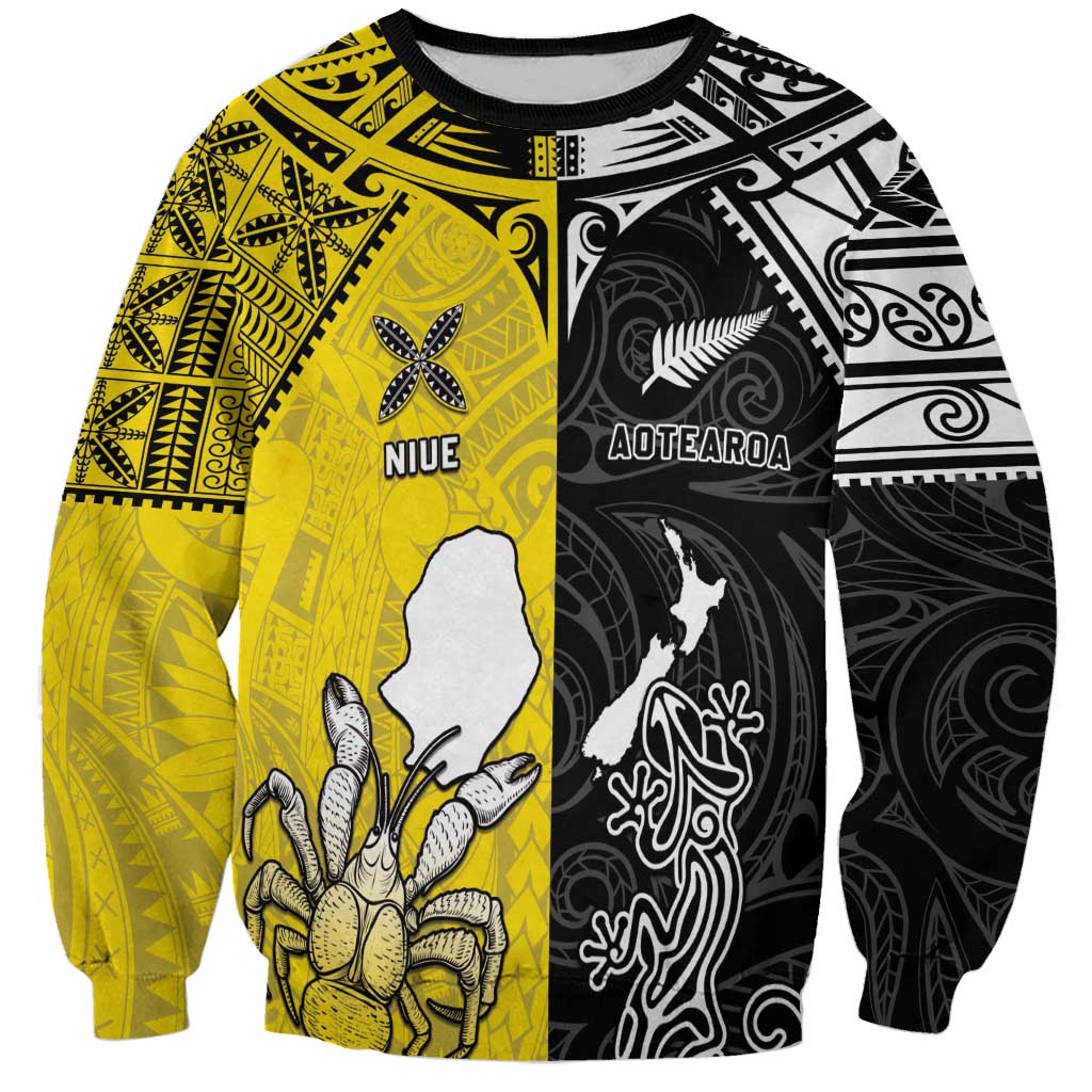 Custom New Zealand Maori And Niue Hiapo Sweatshirt Lizard And Coconut Crab Together LT05 Unisex Yellow - Polynesian Pride