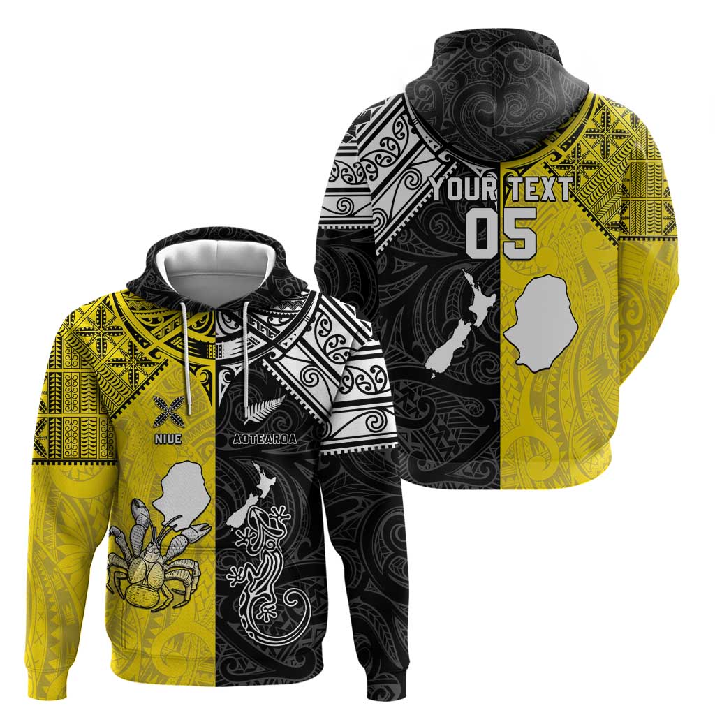 Custom New Zealand Maori And Niue Hiapo Zip Hoodie Lizard And Coconut Crab Together