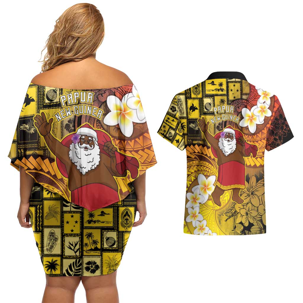 Papua New Guinea Retro Christmas Couples Matching Off Shoulder Short Dress and Hawaiian Shirt Hamamas Krismas - Polynesian Pride