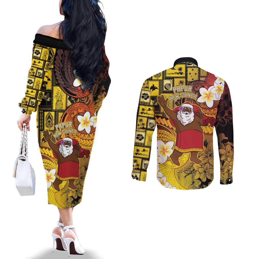 Papua New Guinea Retro Christmas Couples Matching Off The Shoulder Long Sleeve Dress and Long Sleeve Button Shirt Hamamas Krismas - Polynesian Pride