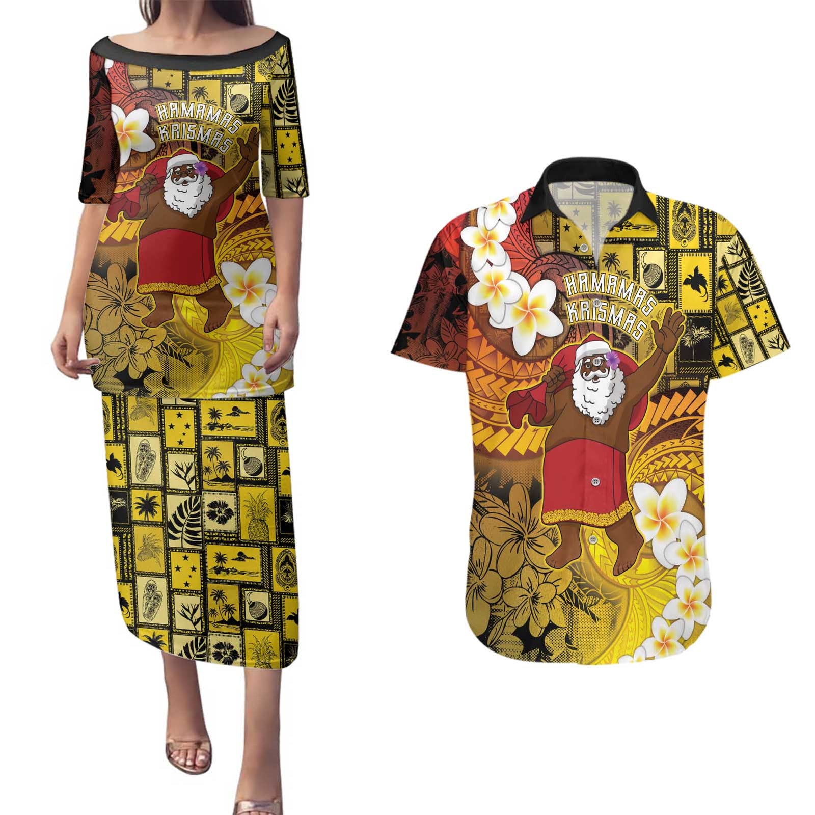 Papua New Guinea Retro Christmas Couples Matching Puletasi and Hawaiian Shirt Hamamas Krismas - Polynesian Pride