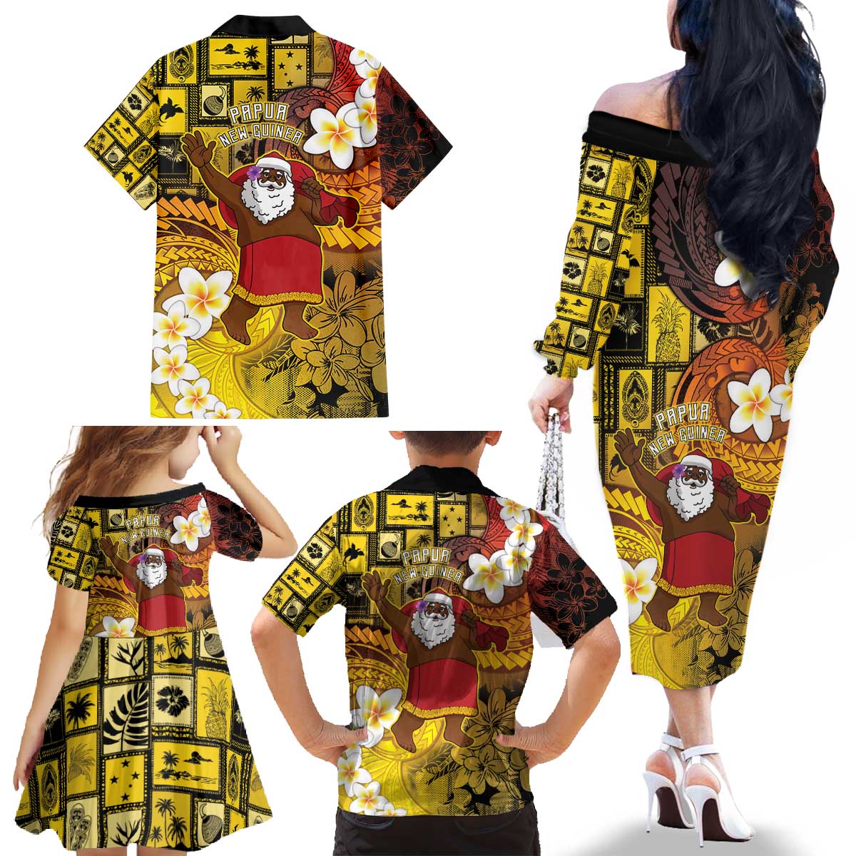 Papua New Guinea Retro Christmas Family Matching Off The Shoulder Long Sleeve Dress and Hawaiian Shirt Hamamas Krismas - Polynesian Pride