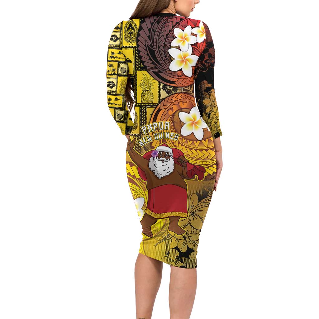 Papua New Guinea Retro Christmas Long Sleeve Bodycon Dress Hamamas Krismas - Polynesian Pride