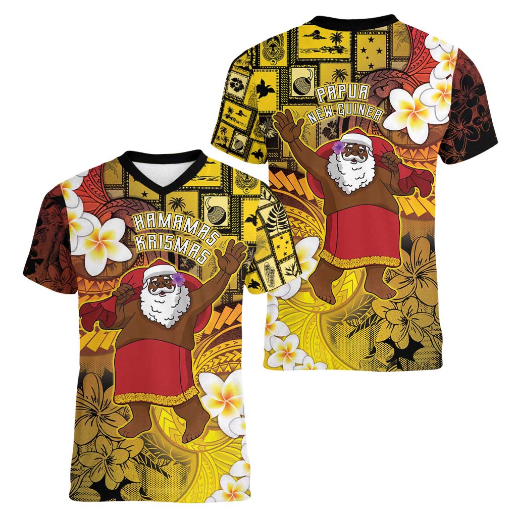 Papua New Guinea Retro Christmas Women V-Neck T-Shirt Hamamas Krismas - Polynesian Pride