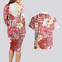 Tonga Christmas Couples Matching Long Sleeve Bodycon Dress and Hawaiian Shirt Kilisimasi Fiefia Retro Style Red - Polynesian Pride