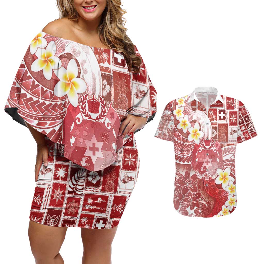 Tonga Christmas Couples Matching Off Shoulder Short Dress and Hawaiian Shirt Kilisimasi Fiefia Retro Style Red - Polynesian Pride