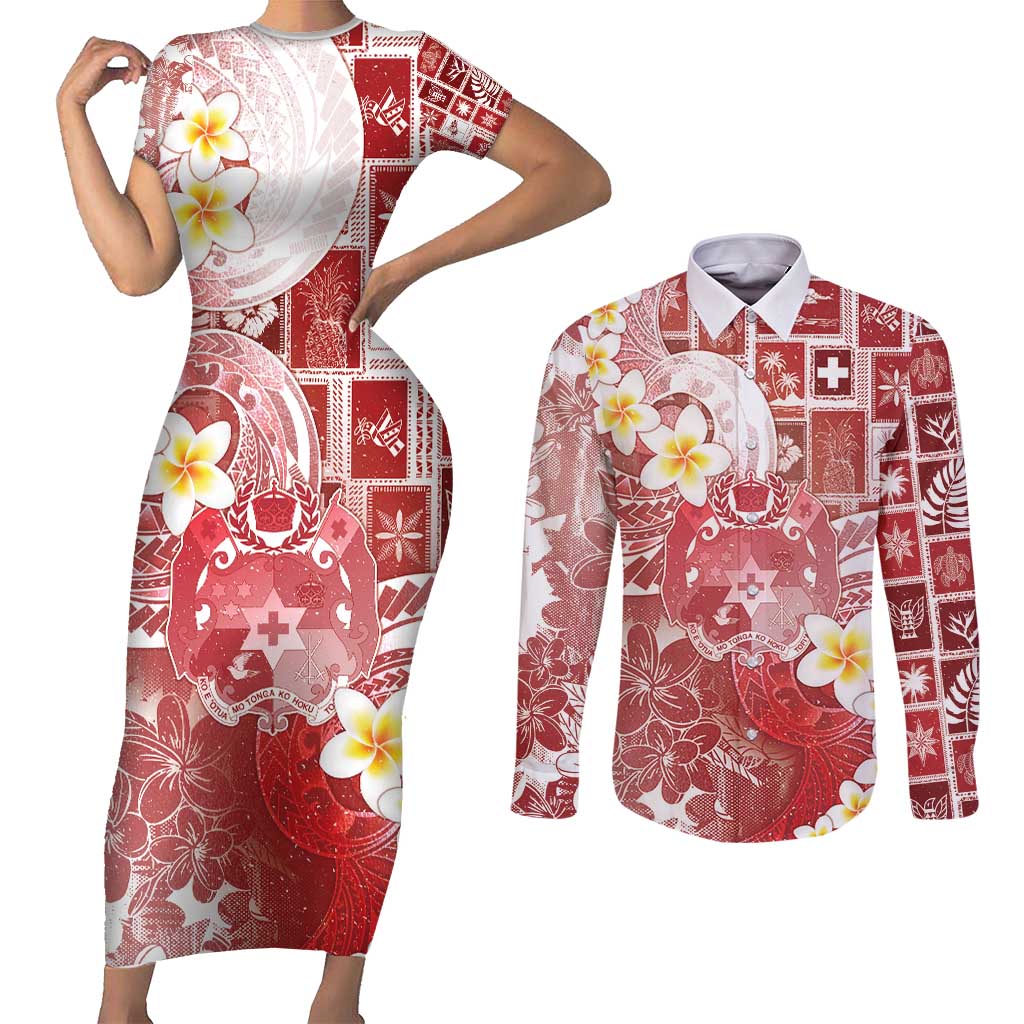 Tonga Christmas Couples Matching Short Sleeve Bodycon Dress and Long Sleeve Button Shirt Kilisimasi Fiefia Retro Style Red - Polynesian Pride