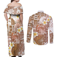 Tonga Christmas Couples Matching Off Shoulder Maxi Dress and Long Sleeve Button Shirt Kilisimasi Fiefia Retro Style Brown - Polynesian Pride