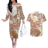 Tonga Christmas Couples Matching Off The Shoulder Long Sleeve Dress and Hawaiian Shirt Kilisimasi Fiefia Retro Style Brown - Polynesian Pride