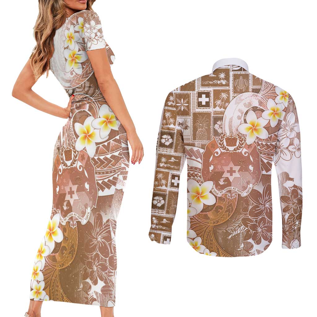 Tonga Christmas Couples Matching Short Sleeve Bodycon Dress and Long Sleeve Button Shirt Kilisimasi Fiefia Retro Style Brown - Polynesian Pride