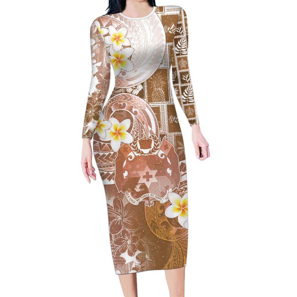 Tonga Christmas Long Sleeve Bodycon Dress Kilisimasi Fiefia Retro Style Brown - Polynesian Pride