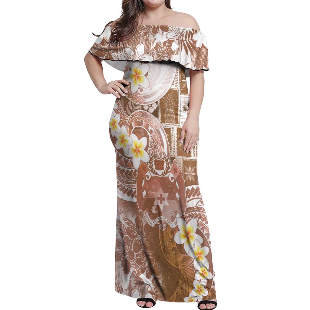 Tonga Christmas Off Shoulder Maxi Dress Kilisimasi Fiefia Retro Style Brown - Polynesian Pride