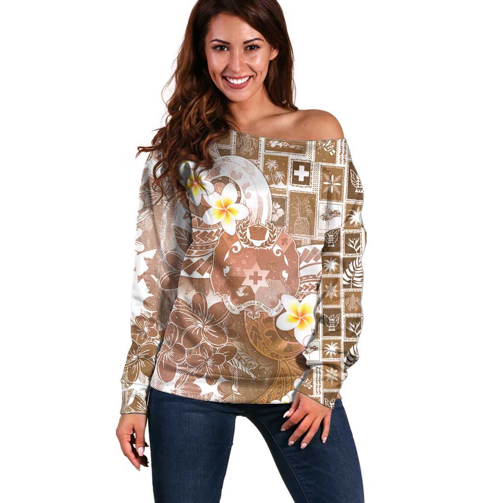 Tonga Christmas Off Shoulder Sweater Kilisimasi Fiefia Retro Style Brown - Polynesian Pride