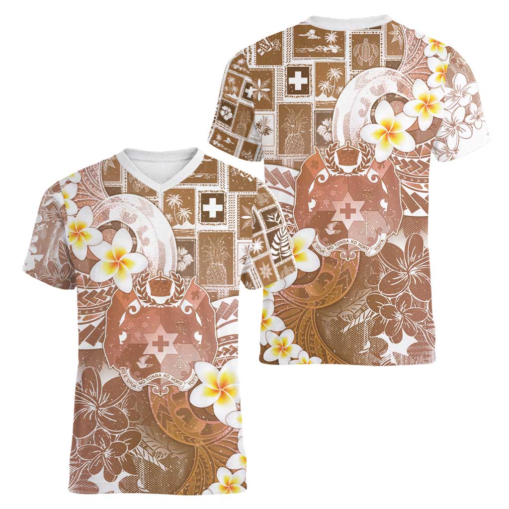Tonga Christmas Women V-Neck T-Shirt Kilisimasi Fiefia Retro Style Brown - Polynesian Pride