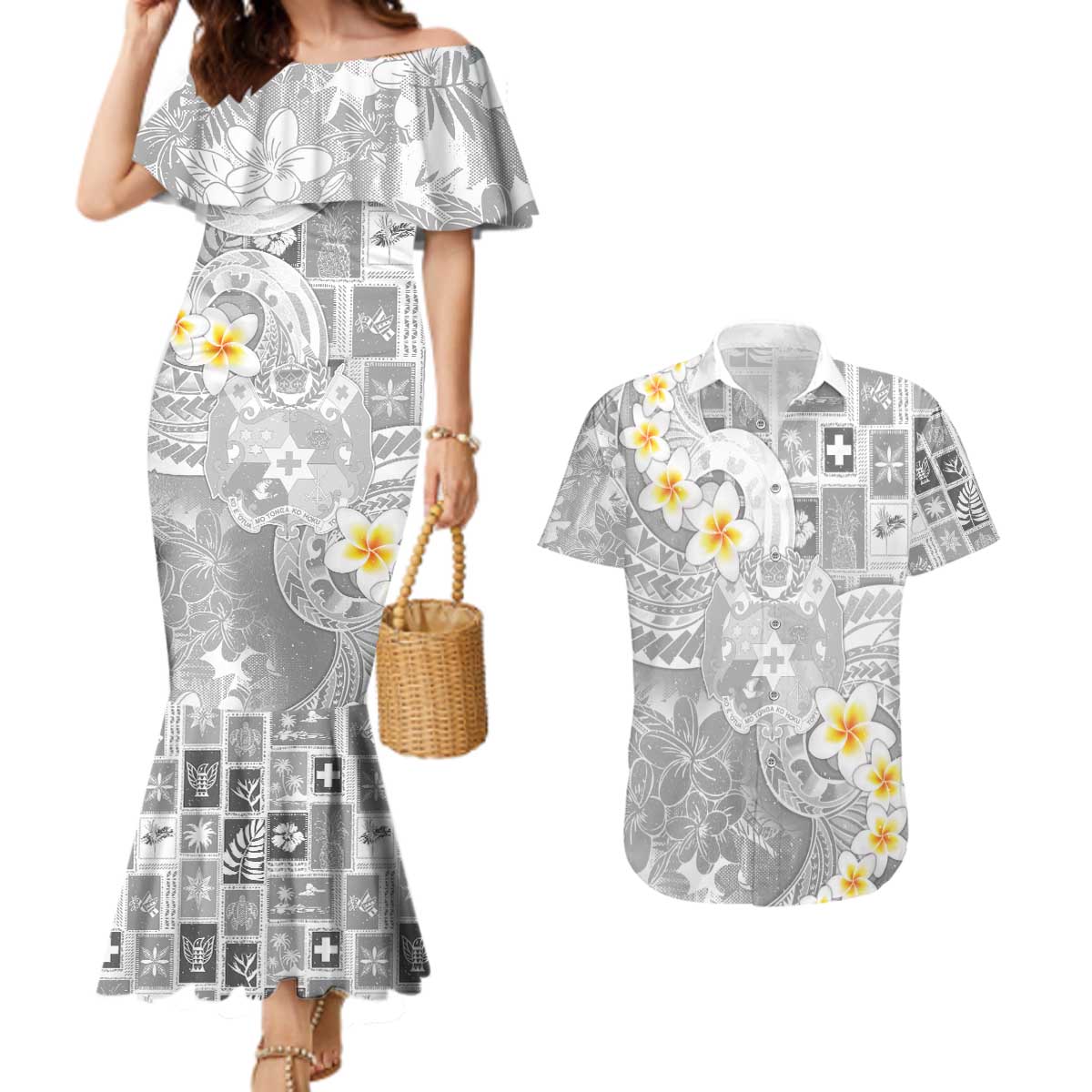 Tonga Christmas Couples Matching Mermaid Dress and Hawaiian Shirt Kilisimasi Fiefia Retro Style White - Polynesian Pride