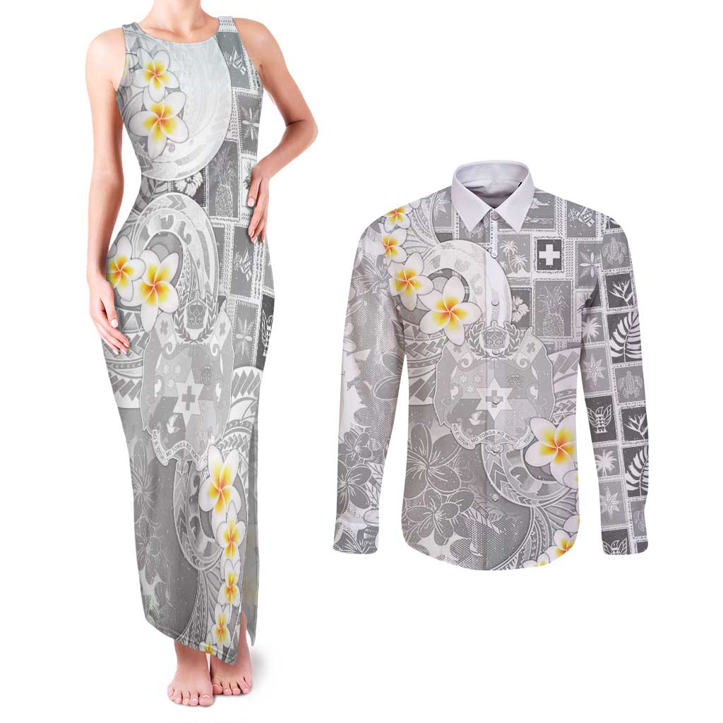 Tonga Christmas Couples Matching Tank Maxi Dress and Long Sleeve Button Shirt Kilisimasi Fiefia Retro Style White - Polynesian Pride