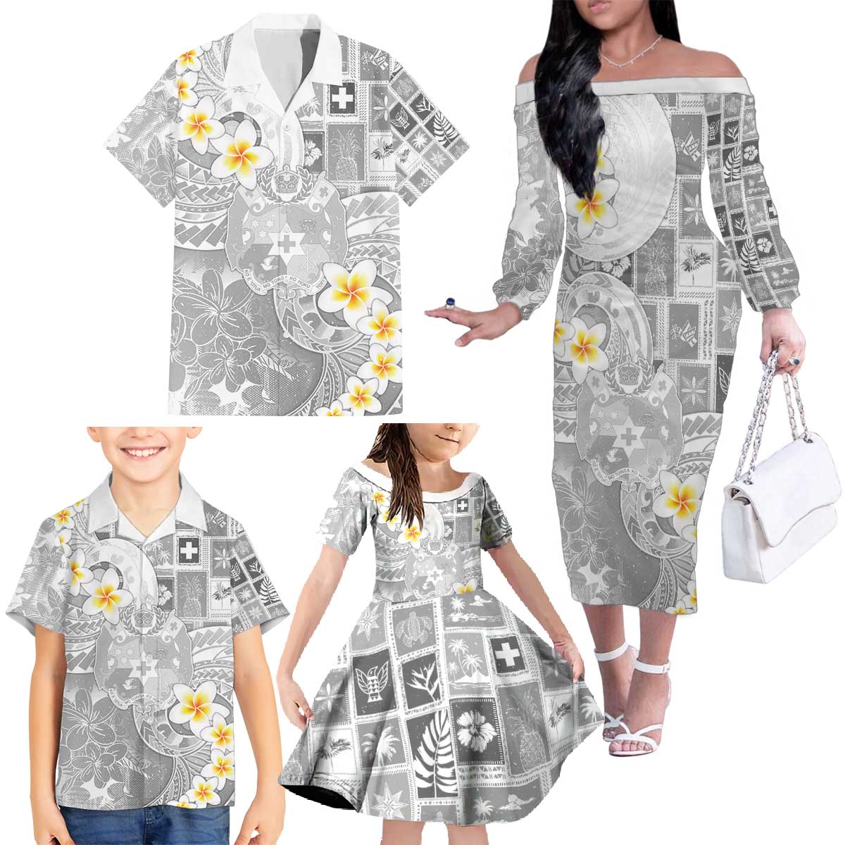 Tonga Christmas Family Matching Off The Shoulder Long Sleeve Dress and Hawaiian Shirt Kilisimasi Fiefia Retro Style White - Polynesian Pride