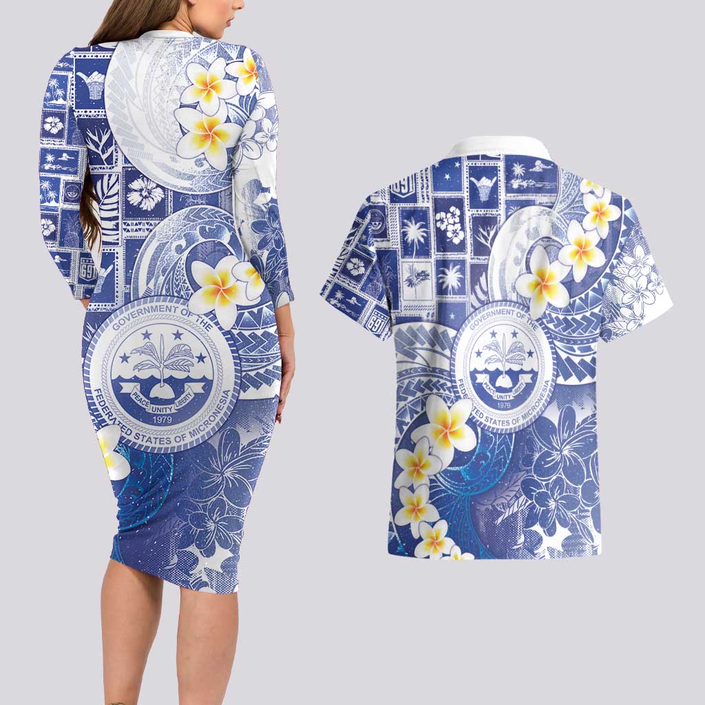 Federated States Of Micronesia Christmas Couples Matching Long Sleeve Bodycon Dress and Hawaiian Shirt Retro Style Bright Version - Polynesian Pride