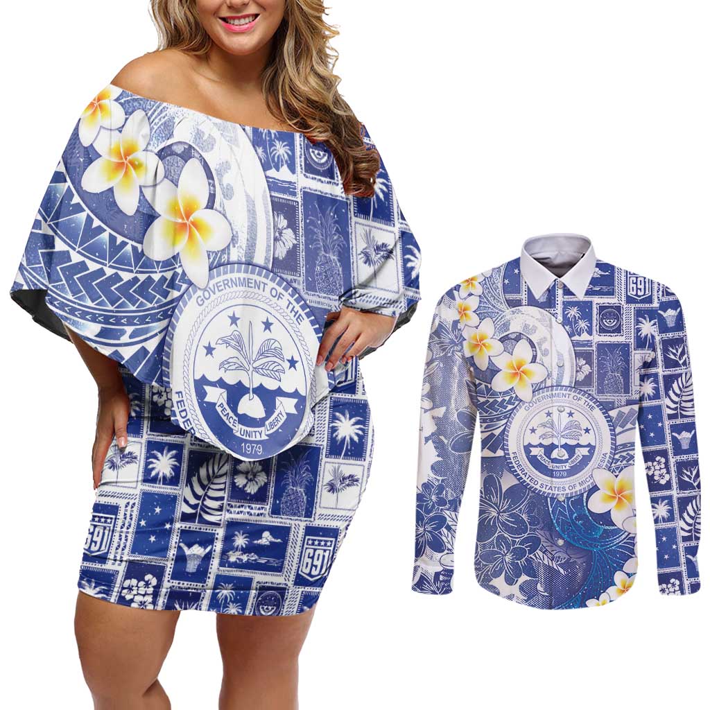 Federated States Of Micronesia Christmas Couples Matching Off Shoulder Short Dress and Long Sleeve Button Shirt Retro Style Bright Version - Polynesian Pride