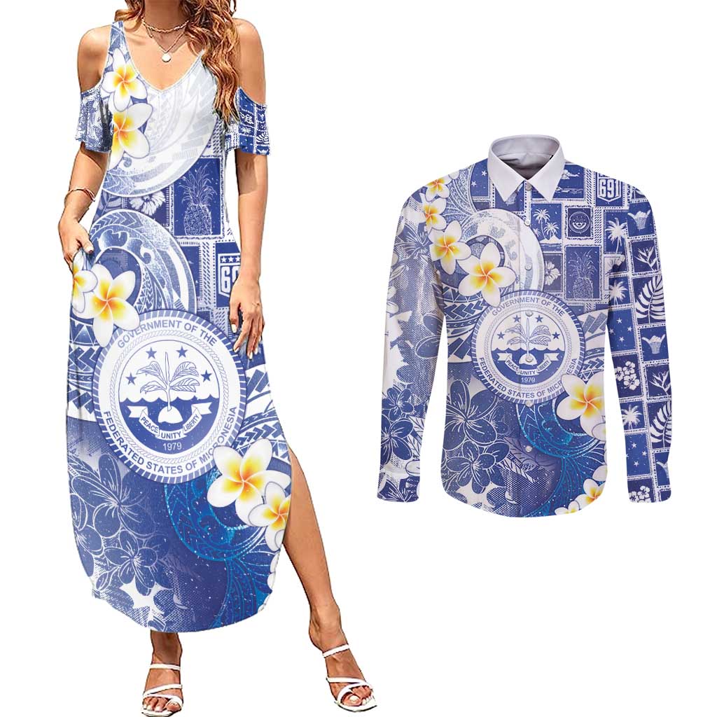 Federated States Of Micronesia Christmas Couples Matching Summer Maxi Dress and Long Sleeve Button Shirt Retro Style Bright Version - Polynesian Pride