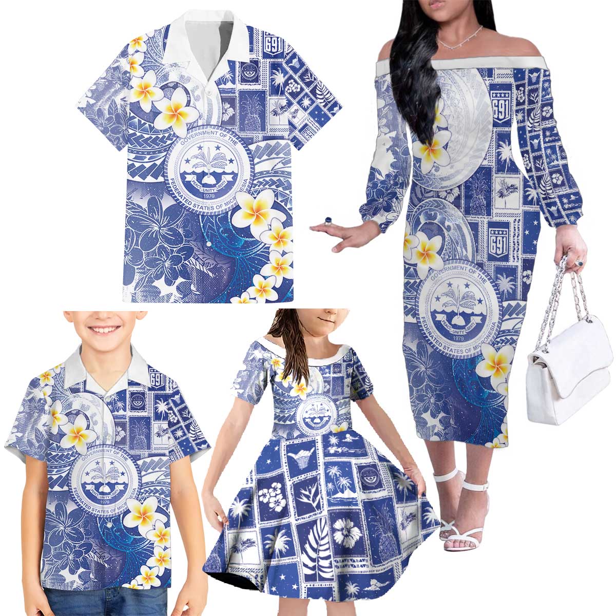 Federated States Of Micronesia Christmas Family Matching Off The Shoulder Long Sleeve Dress and Hawaiian Shirt Retro Style Bright Version - Polynesian Pride
