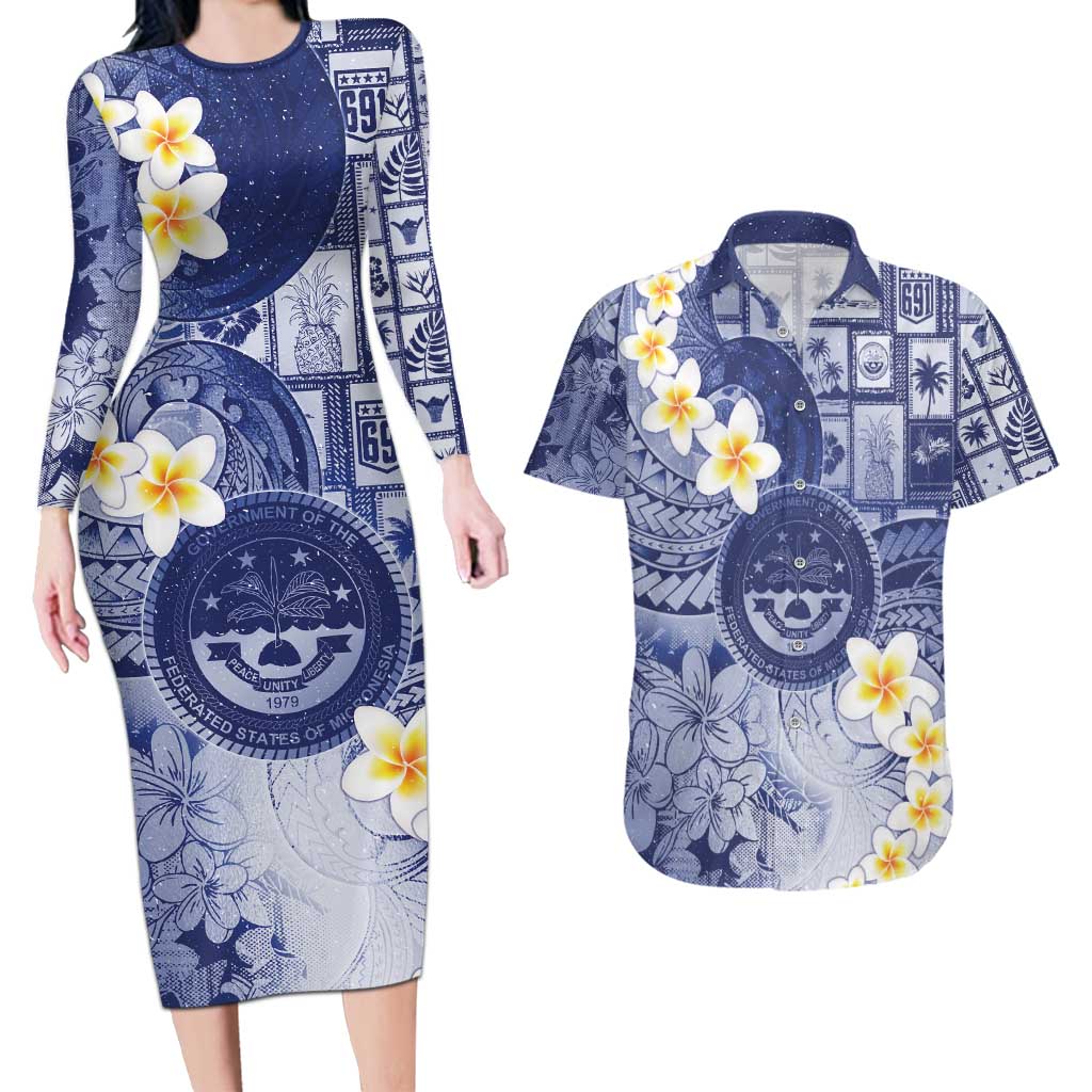 Federated States Of Micronesia Christmas Couples Matching Long Sleeve Bodycon Dress and Hawaiian Shirt Retro Style Dark Version - Polynesian Pride