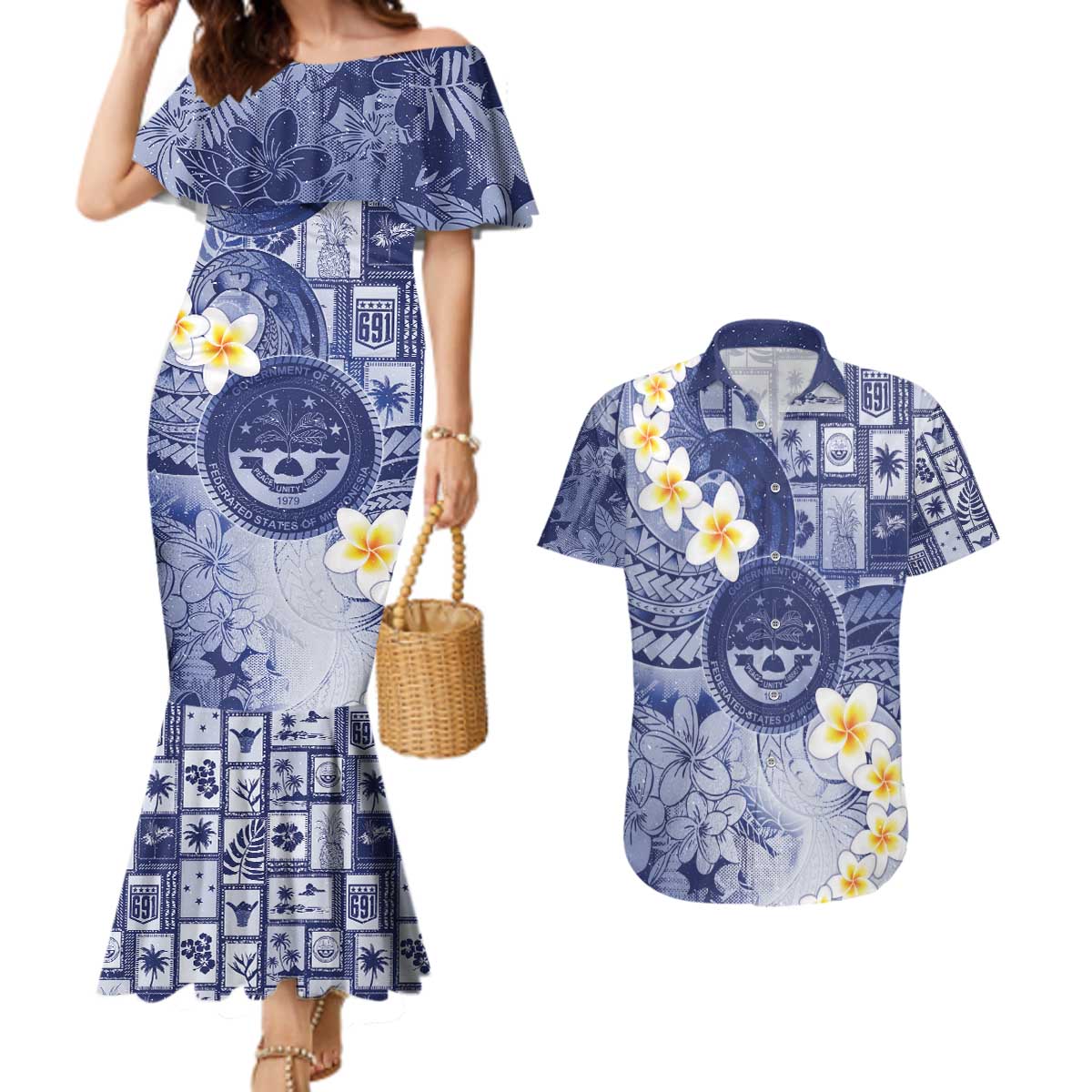 Federated States Of Micronesia Christmas Couples Matching Mermaid Dress and Hawaiian Shirt Retro Style Dark Version - Polynesian Pride