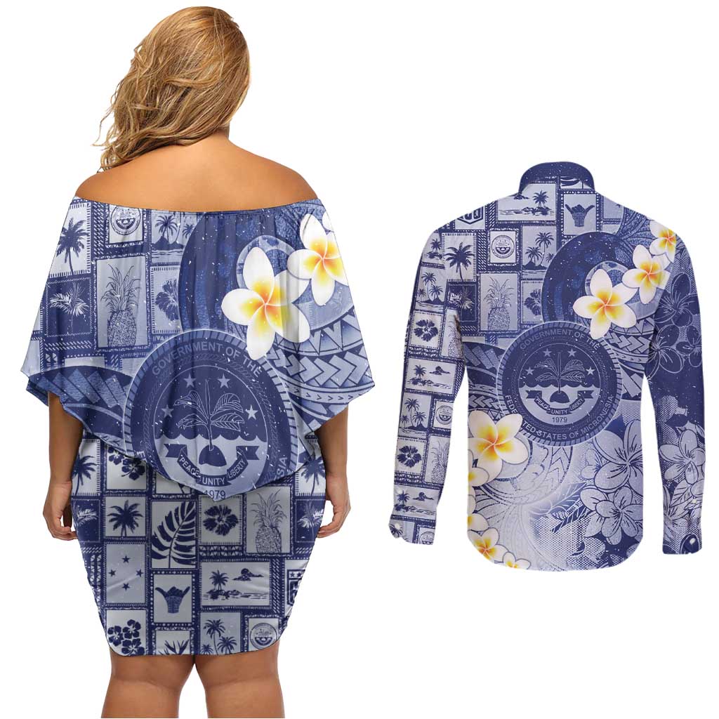 Federated States Of Micronesia Christmas Couples Matching Off Shoulder Short Dress and Long Sleeve Button Shirt Retro Style Dark Version - Polynesian Pride