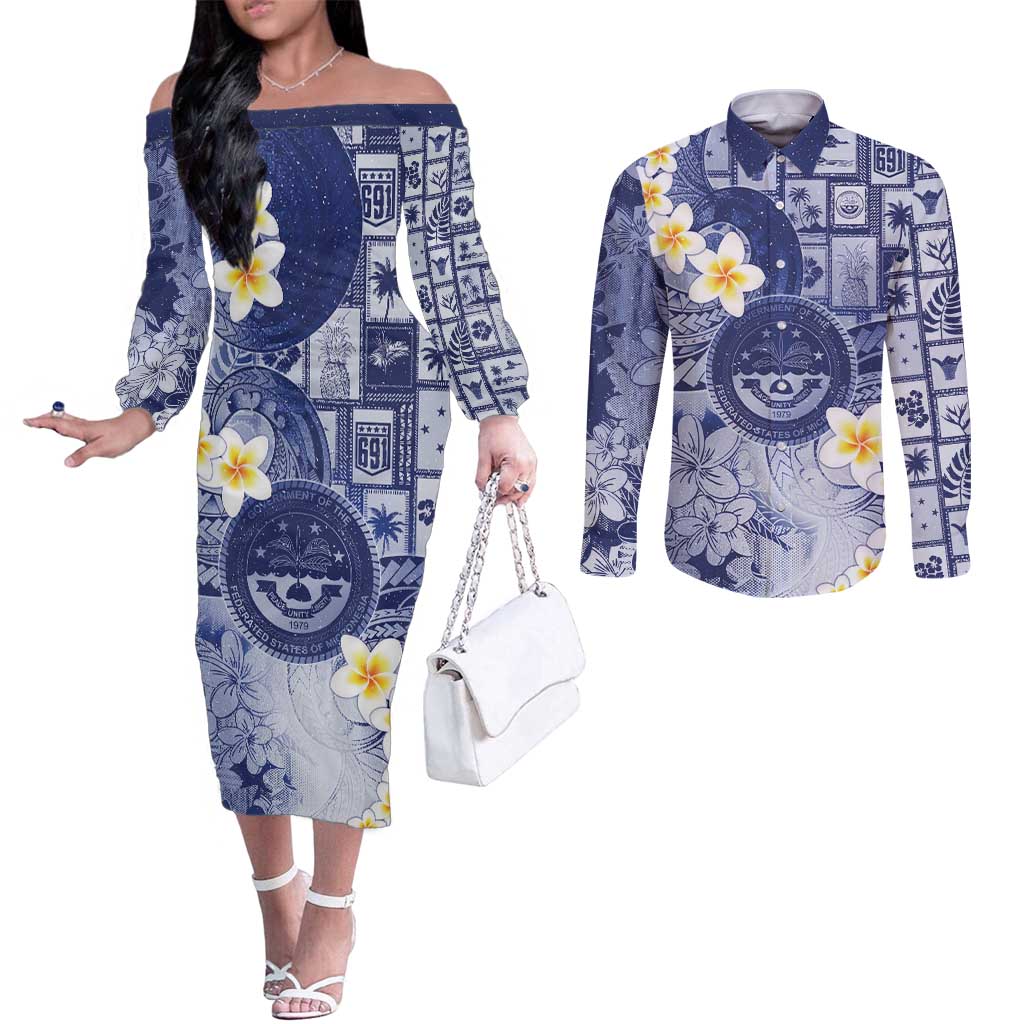 Federated States Of Micronesia Christmas Couples Matching Off The Shoulder Long Sleeve Dress and Long Sleeve Button Shirt Retro Style Dark Version - Polynesian Pride