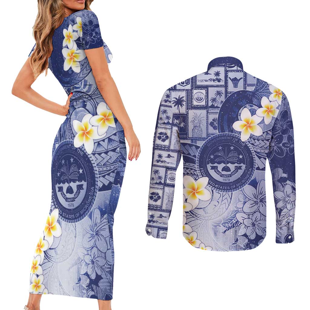 Federated States Of Micronesia Christmas Couples Matching Short Sleeve Bodycon Dress and Long Sleeve Button Shirt Retro Style Dark Version - Polynesian Pride