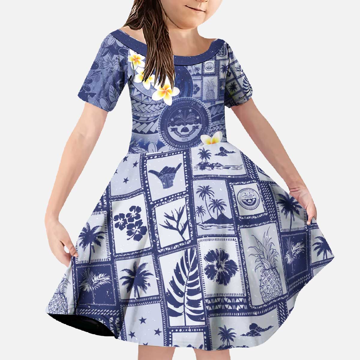 Federated States Of Micronesia Christmas Family Matching Off The Shoulder Long Sleeve Dress and Hawaiian Shirt Retro Style Dark Version - Polynesian Pride