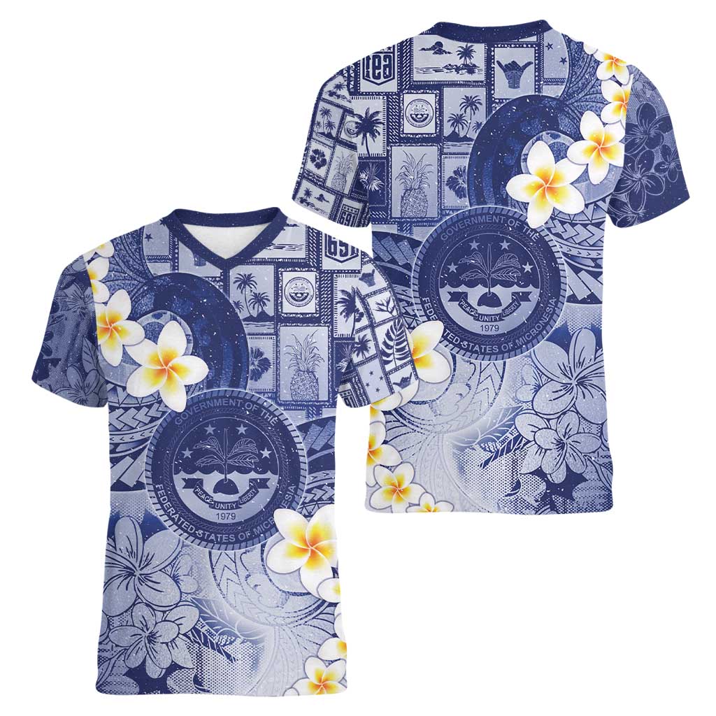 Federated States Of Micronesia Christmas Women V-Neck T-Shirt Retro Style Dark Version - Polynesian Pride