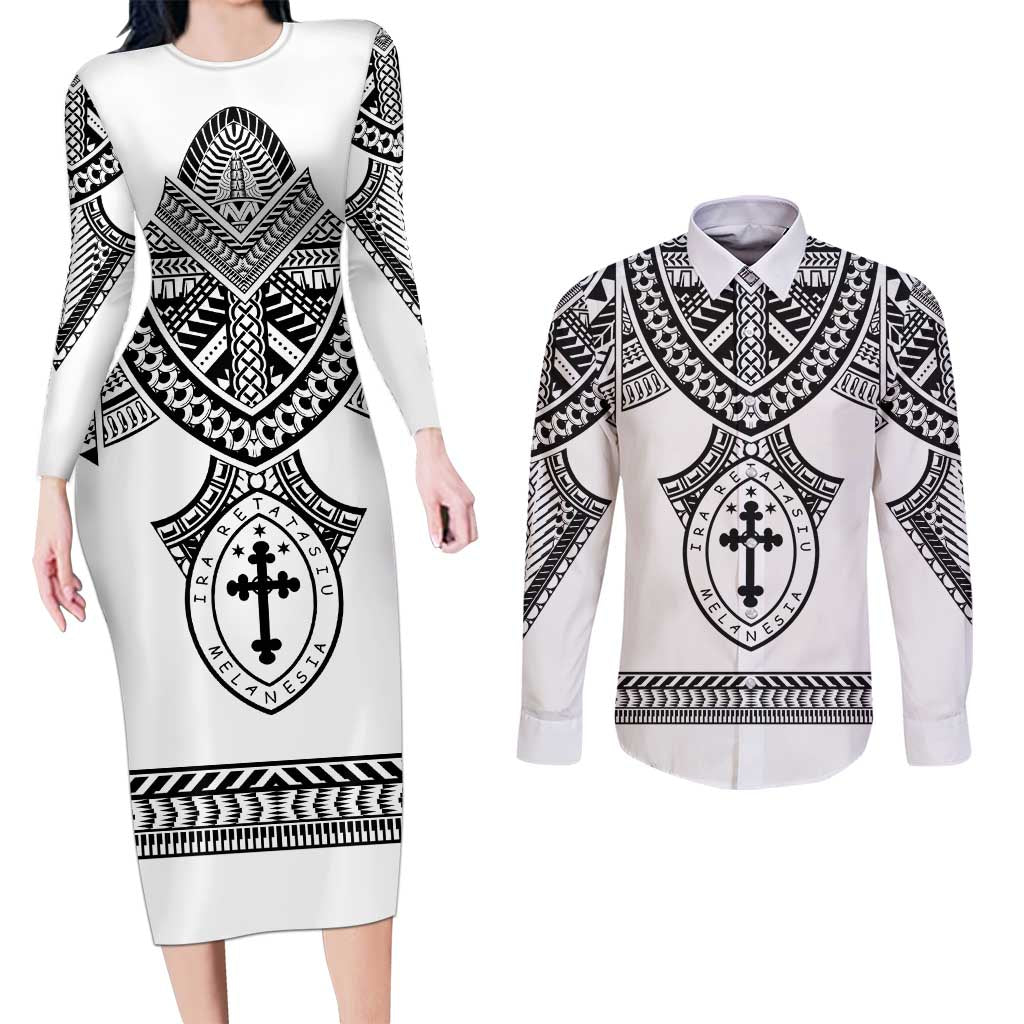 Personalised Melanesian Brotherhood Couples Matching Long Sleeve Bodycon Dress and Long Sleeve Button Shirt With Tribal Pattern LT05 White - Polynesian Pride