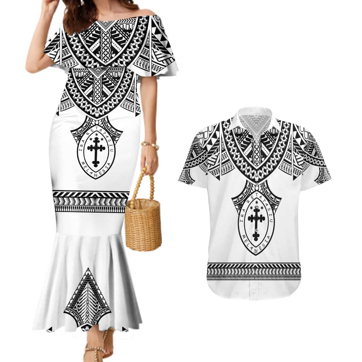 Personalised Melanesian Brotherhood Couples Matching Mermaid Dress and Hawaiian Shirt With Tribal Pattern LT05 White - Polynesian Pride