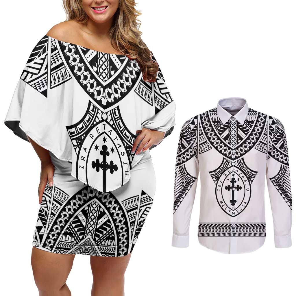 Personalised Melanesian Brotherhood Couples Matching Off Shoulder Short Dress and Long Sleeve Button Shirt With Tribal Pattern LT05 White - Polynesian Pride