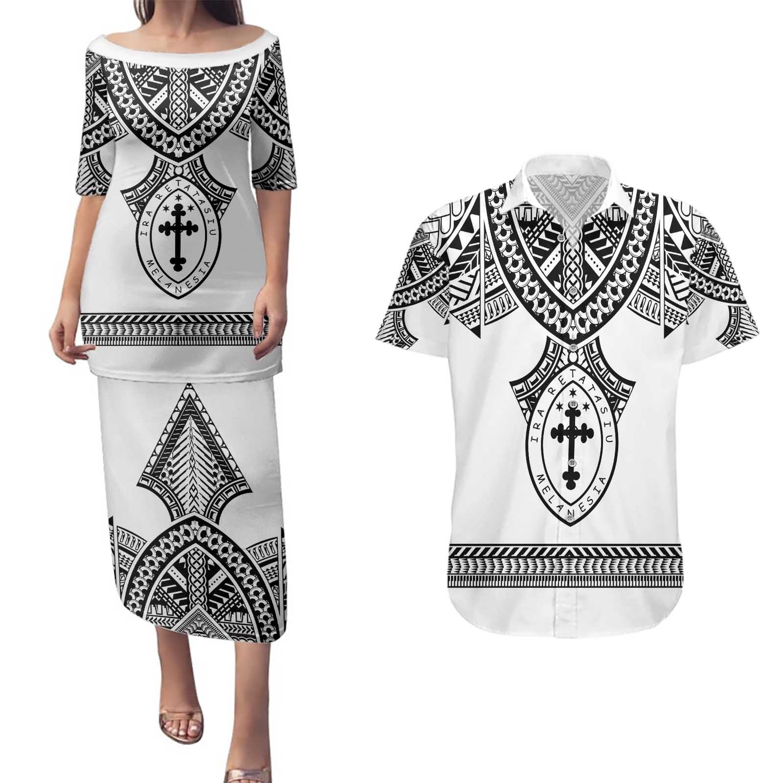 Personalised Melanesian Brotherhood Couples Matching Puletasi and Hawaiian Shirt With Tribal Pattern LT05 White - Polynesian Pride