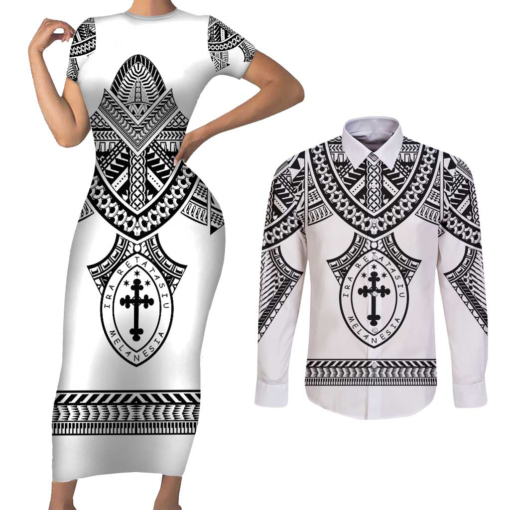 Personalised Melanesian Brotherhood Couples Matching Short Sleeve Bodycon Dress and Long Sleeve Button Shirt With Tribal Pattern - Polynesian Pride