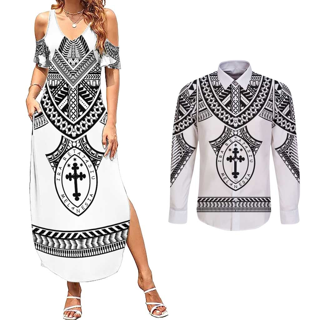 Personalised Melanesian Brotherhood Couples Matching Summer Maxi Dress and Long Sleeve Button Shirt With Tribal Pattern LT05 White - Polynesian Pride