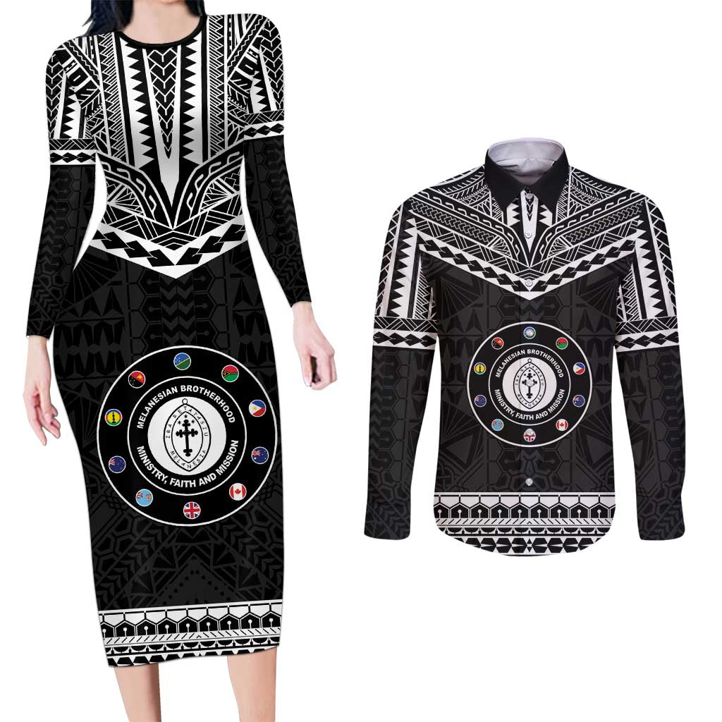 Personalised Melanesian Brotherhood Couples Matching Long Sleeve Bodycon Dress and Long Sleeve Button Shirt Ministry Faith And Mission LT05 Black - Polynesian Pride